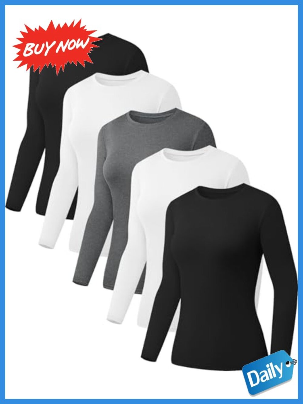 Womens 5 Pack Long Sleeve Crew Neck Slim Fit T Shirts Soft Stretch Layering Tops